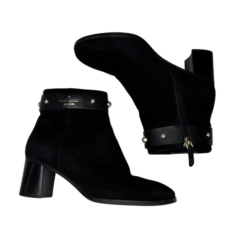 Kate Spade Morgan Pearl Booties Women’s 6B Black Suede Block Heel KE796